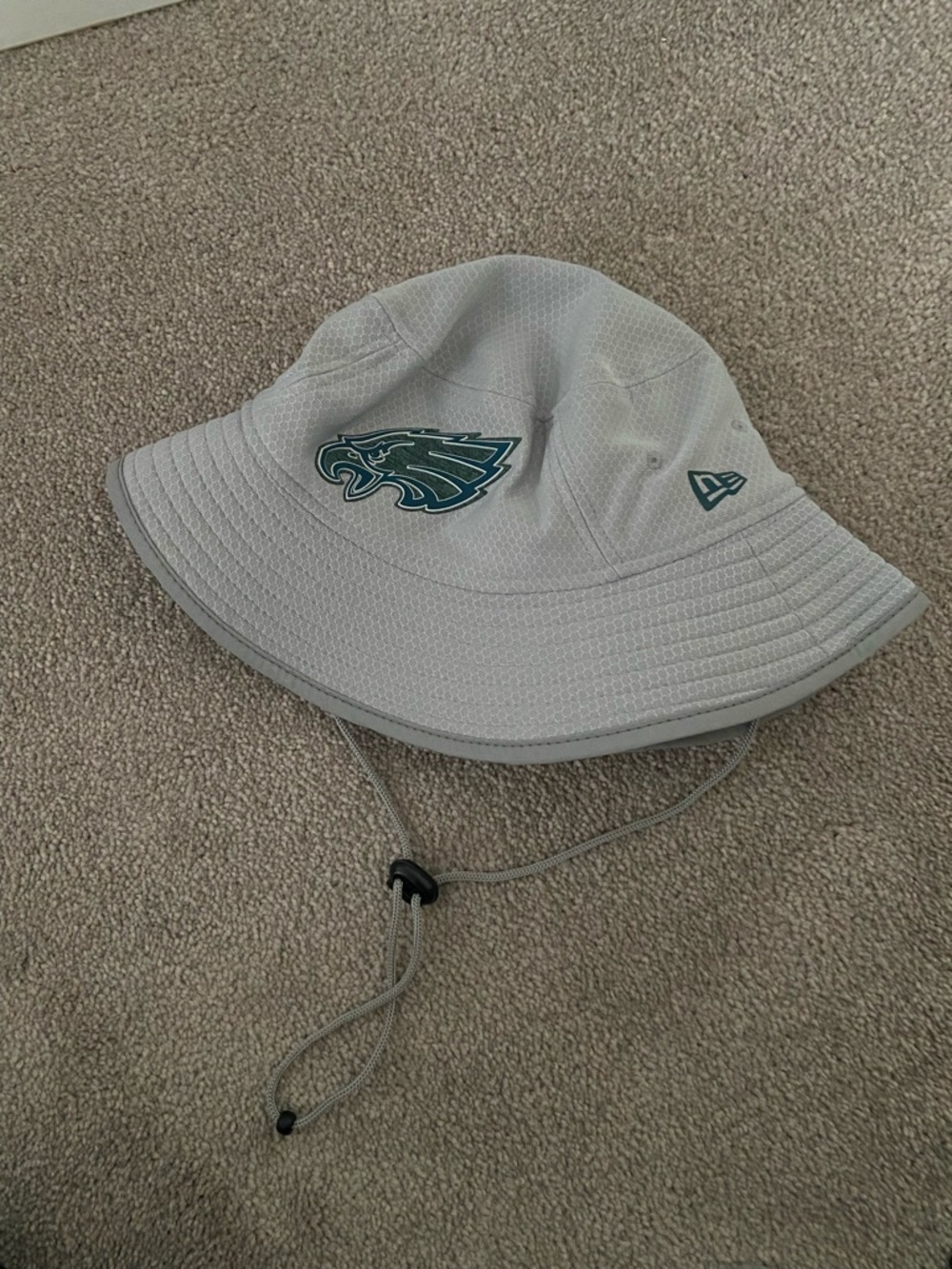 Eagles New Era Gray and Black Bucket Hat with Chin Strap